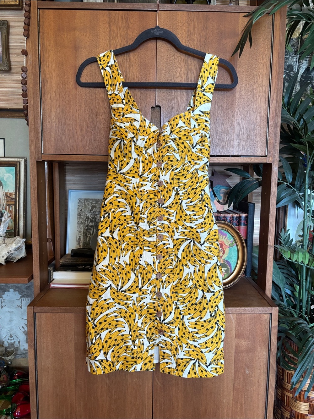 Farm Rio 100% linen White Yellow Black Spotted Bananas cross cross mini Dress S